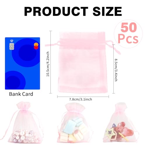Image of BOEIAC Organza Bags - Pink Sheer Organza Gift Bags, 50 Pcs, 3 x 4 Inch, Jewelry & Party Favor Bags with Drawstring, Mesh Candy Bags for Wedding & Christmas