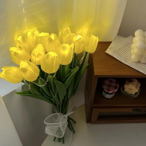 EONANT 10 flores artificiales de tulipán con luces LED, ramo de tulipanes de tacto real, funciona con pilas, Navidad, vacaciones, bodas, fotografía, decoración del hogar, regalos creativos (amarillo,