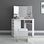 Panana Wooden Corner Dressing Table Set, Modern Cosmetic Makeup Desk with 5 Drawers 3 Mirror Stool Vanity Dresser Console Table with Stool Bedroom Furniture (White)