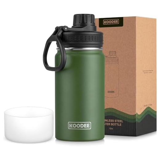 koodee Kids Water Bottle 12 oz Stainless Steel Vacuum Insulated Wide Mouth Flask with Leakproof Spout Lid Kids (Grass Green)