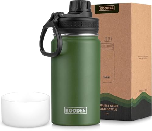 Image of koodee 12 oz Water Bottle Stainless Steel Vacuum Insulated Wide Mouth Water Flask with Leakproof Spout Lid, Reusable Metal Water Bottle for Boys BPA Free(Grass Green)