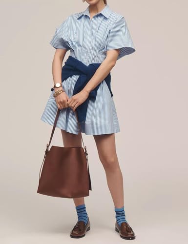 Image of Women's Button Front Down Pleated Shirt Dress Summer Casual Striped Short Sleeve Blouse Mini Dresses