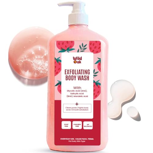 AHA BHA Exfoliating Body Wash | 750ml Value Pack | Salicylic, Mandelic, Glycolic Acid & Probiotics | Shower Gel | Body Acne, Strawberry Skin, Ingrown Hair & Uneven Texture | Non-Drying Formula