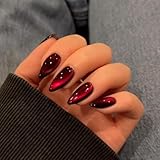 KQueenest Dark Red Press on Nails Cat Eye, Burgundy Glitter Press on Nails Almond Medium, Sparkly Shiny Fake Nails with Design, Cute Bling Glue on Nails Medium for Women Party Birthday, 30 Pcs