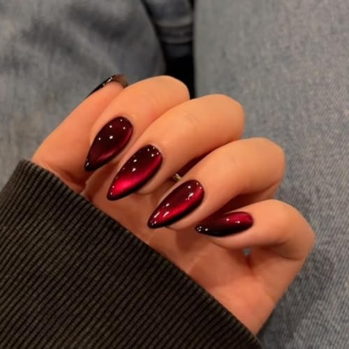 KQueenest Dark Red Press on Nails Cat Eye, Burgundy Glitter Press on Nails Almond Medium, Sparkly Shiny Fake Nails with Design, Cute Bling Glue on Nails Medium for Women Party Birthday, 30 Pcs