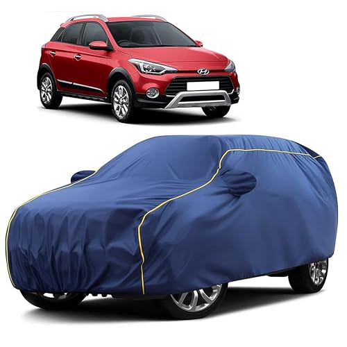 Image of Sulfar 100% Water Resistant Car Body Cover Compatible with Mirror for Hyundai i20 Active (Triple Stitched, Full Bottom Elastic, Blue Taffeta with Yellow Piping)