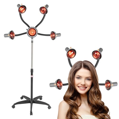 5 Head Infrared Light Heat Therapy Red Lamp, Salon Hair Steamer Perming Dyeing Adjustable Height Machine with Rolling Wheels, Infrared Dryer Hair Drying Care, Standing Infrared Heater (Black)