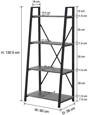 BON AUGURE 4 Tier Rustic Ladder Bookshelf, Industrial Living Room Bookcases, Standing Leaning Shelves, Book Shelves for Living Room (Dark Gray Oak)