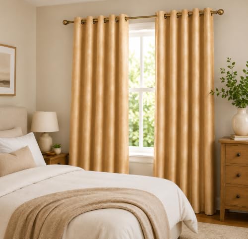 Image of Polyester Eyelet Door Curtain, Solid Plain Light Filtering Curtain for Bedroom, Living Room & Home Office, 7 Feet (84 x 48 Inch), Gold, Pack of 2