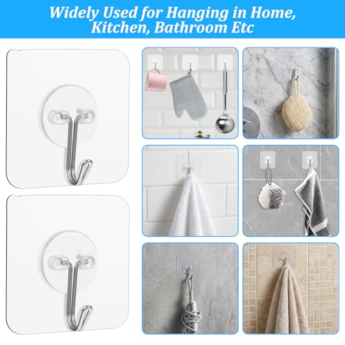 Image of MAQUITA 150 Pack Heavy Duty Adhesive Hooks, 24lb Max Clear Sticky Hooks for Walls, No Drill Reusable Transparent Hanging Hook for Kitchen, Bathroom, Office & Home Organization