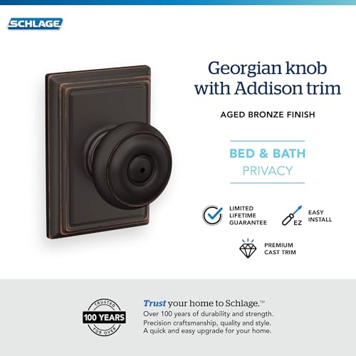Image of Schlage F40 GEO 716 ADD Georgian Door Knob with Addison Trim, Bed & Bath Privacy Lock, Aged Bronze