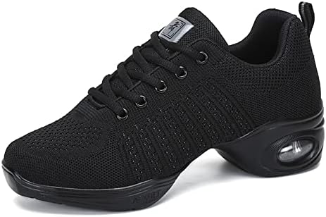KAEAEILSS Ladies Jazz Shoes Lace Up Mesh Sneakers - Breathable Cushion Ladies Split Sole Sports Walking Dance Shoes Thick Sole Black