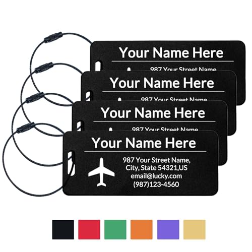 Custom Luggage Tags for Suitcases|Personalized Engraved Metal Luggage Name Tags(Pack of 4)|Cruise Luggage Tags|Heavy Duty Durable Travel Tags,Bag Tag,Presents for Family (Black, Small)