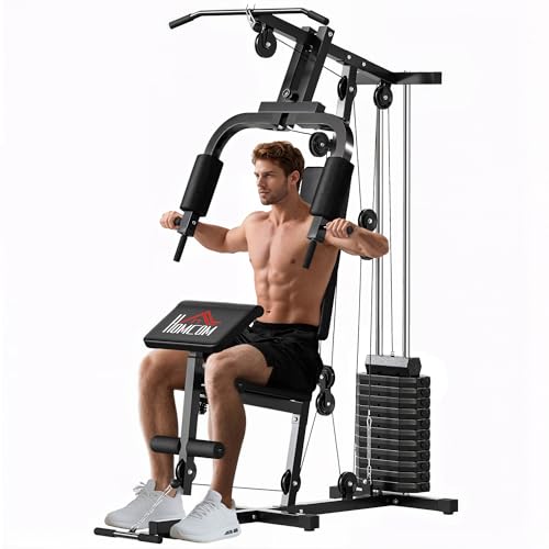 HOMCOM Power Tower con Seduta e Schienale Imbottiti Pesi da 65 kg, Stazione Fitness con Chest Press, Butterfly, Leg Curl, Dischi e Barra per Trazioni e Dip, per Home Gym Casa, 135x103x210 cm, Nero