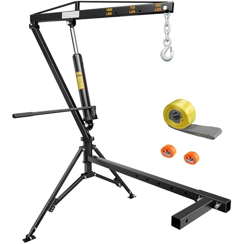 CAMMOO 1000lbs Receiver Hitch Mounted Hydraulic 360° Swivel Truck Crane with 3 Boom Capacity Options: 500lbs, 750lbs, 1000lbs. Ideal for Workshops, Construction, Agriculture, and Logging, Black