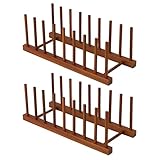 HBlife 2pcs Teak Dish Drying Rack Plates Holder Stand Kitchen Storage Cabinet Organizer for Dish/Plate/Bowl/Cup/Pot Lid/Cutting Board (8 Slots)