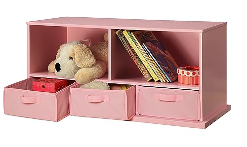 Badger Basket Stackable Toy Storage Organizer - 5-Shelf Modular Unit with 3 Removable Fabric Bins, Solid Panel Construction, Expandable Design for Toys and Crafts - Pink