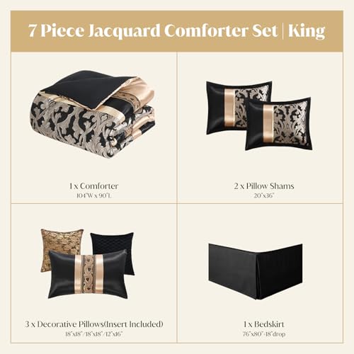Image of CozyDH Black and Gold Jacquard Comforter Set - 7 Piece King Luxury Damask Patchwork Design, All Season Down Alternative Bedding with Bed Skirt, Shams, Decorative Pillows, 104x90 in