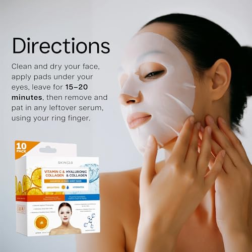 Image of Skin 2.0 Vitamin C & Hyaluronic Acid Face Mask with Collagen - Dermatologist Tested, Korean Skin Care - Ultra Hydrating & Firming Sheet for Smoother-Looking Skin - Vegan, Clean Beauty - 10 Count