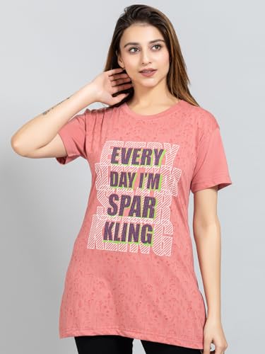 Image of Magknit Fancy Printed Both Side Cut Cotton Blend Half Sleeves and Lightwiegt Trendy Summer Long T Shirt for Women