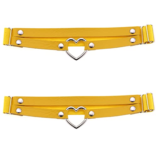 Lot de 2 porte-jarretelles élastiques réglables en cuir synthétique pour femme et fille Motif cœur gothique 2 rangées, jaune, taille unique Cover