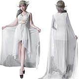 [Diki Home] ハロウィーン Cosplay 演出服装 ファンタジー系 エルフワンピース（エルフイヤー付き）ギリシャ女神 アテナ風含む クレオパトラ衣装 中世スカート 白色/黒色 ゴールドアクセント付き (白色, M)