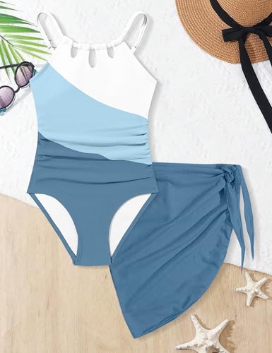 Image of KANGKANG Girls Swimsuit Quick Dry Cut Out One Piece Swimsuits with Tropical Print Cover Up Skirt Bathing Suit Swimwear 7-18Y