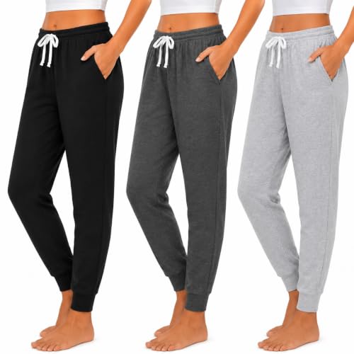 Image of Essential Elements Womens 3 Pack 100% Cotton Joggers Lounge PJ Sweatpants | Soft Breathable Everyday Knit With an Elastic Waist and Tapered Fit, Cozy for Sleep, Workouts and Casual Wear