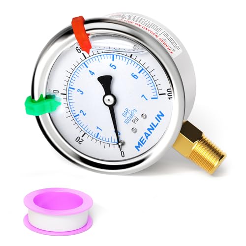 MEANLIN MEASURE 0~100Psi Liquid Filled Pressure Gauge 1/4" NPT 2.5" FACE DIAL Stainless Steel Glycerin Filled WOG Water Oil Air Lower Mount (with 2PCS Snaps)