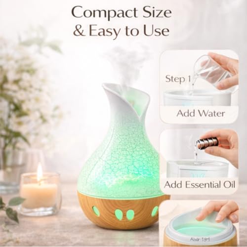 Image of Lakshiv Aroma Diffuser Humidifier for Room & Home with LED Light | Ultrasonic Cool Mist Air Humidifier for Bedroom | Essential Oil Diffuser | Wood Grain Finish | 30ml | Touch Operation (White Crystal)