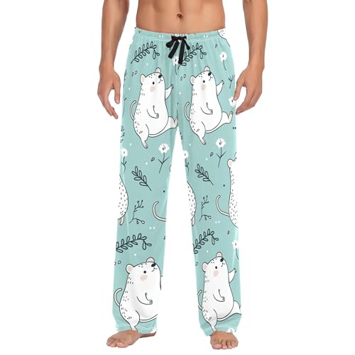 Men's Pajama Bottom Cute Bears Among Flowers Cotton Pajama Pants Drawstring Sleepwear Long Pants Pockets
