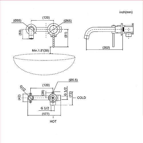 ONECE Wandmontage Waschtischarmatur, Unterputz Armatur für Waschbecken & Waschtisch, Messing Wandarmatur Bad mit Auslauflänge 202 mm, 360° drehbarem Auslauf & abnehmbar Bubbler, Gold Matt
