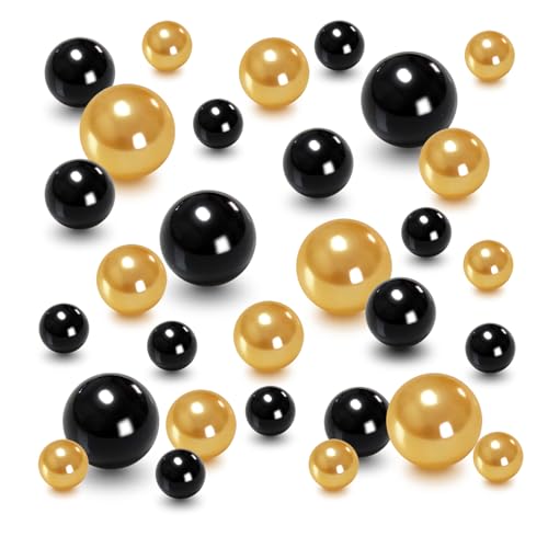 Euddty 105pcs Pearls for Vase Filler No Hole Faux Black Beads Water Candle Beads Centerpieces Beads for Vases, Makeup Brush Holder, Home Table Decor 10/14/20mm (Black Gold)
