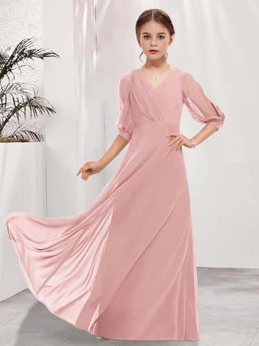 Junior Bridesmaid Dresses Sleeves V-Neck Girls Formal Dresses Long Chiffon Flower Girl Dress2