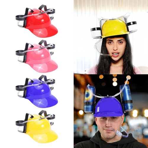 SZHXVIVISY Kreative Soda Bier trinken Helm faul Getränk trinken Hut für Sportveranstaltungen Bierdose Halter Kappe mit Schlauch Hände frei Party Getränkespender (Rosa)