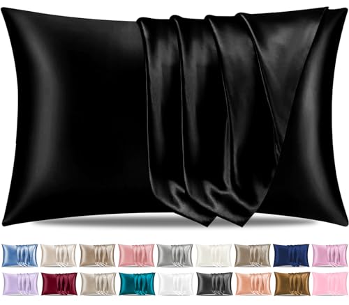 Pamposh Satin Silk Pillowcases For Hair And Skin 2 Pack Standard Size with Envelope Closure (2 Pcs Pillowcases (50 x 75 cm), Black)