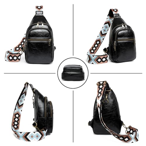 Image of FAYBA Small Sling Bag for Women Crossbody Fanny Pack, PU Leather Wide Guitar Strap Chest Sling Backpack Purse Black