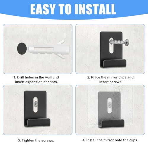 Image of 12 Pack Metal Mirror Clips for Wall Mounting, Wide Channel Mirror Hanging Hardware Kit, Heavy Duty Mirror Holder Clips with Screws, Mirror Brackets for Wall Mounting Frameless Mirror Billboard (Black)
