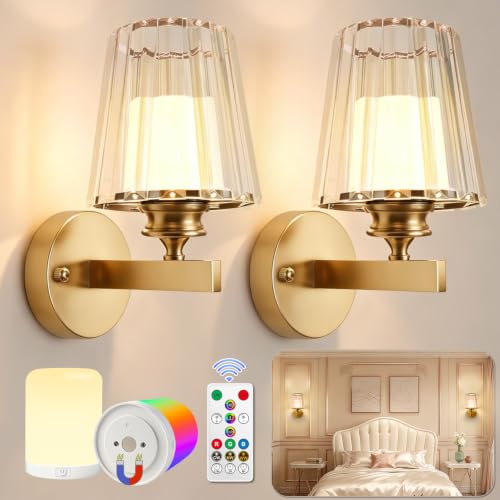 Image of Adetu 10.4 Inch Crystal Wall Sconces Set of 2, Battery Operated Wall Sconce | 10000mAh Magnetic Bulbs and Remote, 5%-100% Dimmable, RGB Rechargeable Wall Lights for Bedroom Living Room Hallway Deco
