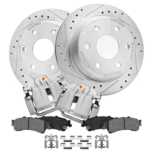 Image of Detroit Axle - 325mm Rear Drilled & Slotted Rotors + Calipers + Ceramic | Brake Pads Replacement for 2003-2006 Chevrolet GMC Silverado Sierra 1500