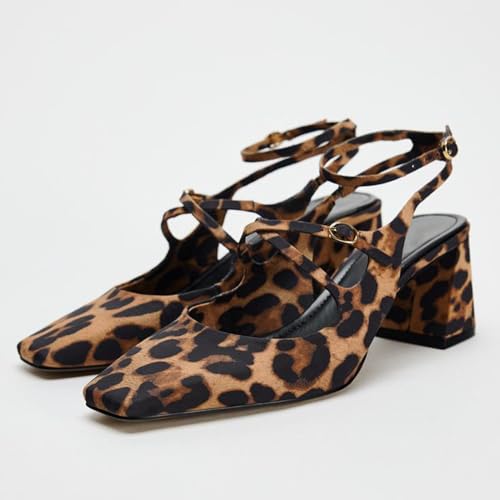 KysBloes Women Square Toe Slingback Heels Chunky Heel Ankle Strap Pumps Patent Leather Mary Janes Leopard Print Pumps with Buckle Shoes3