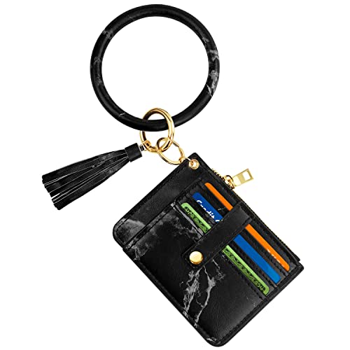Photo 1 of Circle Bangle Leather Keychain Wallet ID Card Holder Keyring Wristlet Bracelet Key Ring Chain Tassel Purse Women Girls Black Marble
