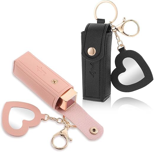 Image of Women Lipstick Holder Keychain with Mirror, Soft PU Leather Portable Chapstick Holder Lipstick Pouch with Metal Key Ring for Trave Party Gift (Black-Pink, Free)