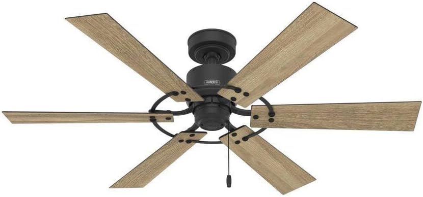 Hunter Fan 52 inch Casual Matte Black Indoor/Outdoor Ceiling Fan with 6 Blades and Pull Chain for Bedroom, Living Room, Dining Room, Kitchen, Office (Renewed)