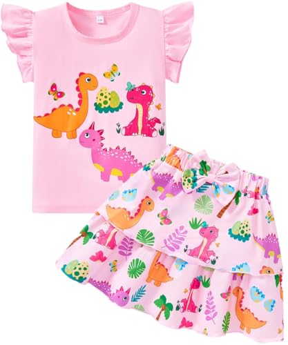 Image of Girls Skirt Set 2 Piece Outfit Toddler Summer Clothes Ruffle Sleeve T-Shirt Bow Knot Tutu Skirt Outfit Set
