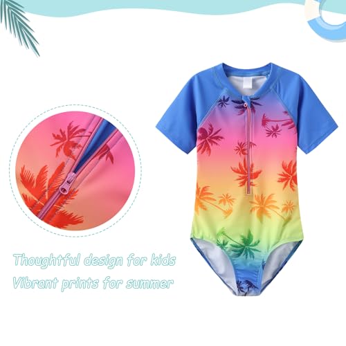 Image of Girls One Piece Rash Guard Swimsuits for Girl Short Sleeve Bathing Suits with Front Zipper Sun Protection Swimwear 3-16 Years