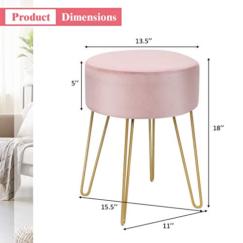 Giantex Velvet Footrest Stool Round Modern With Gold Sturdy Metal Legs, Upholstered Seat Dressing Vanity Chair Side Table For Living Room & Bedroom Velvet Footstool Ottoman (15.5” X 15.5” X 18”, Pink) #TOP2