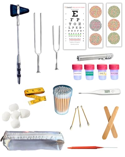 Image of CNS Medical Student Kit, with Tuning Forks, Snellen Chart, Knee Hammer, Digital Thermometer and More ( Central Nervous System Examination kit) for Medical professionals and Practitioners (MODEL 3)