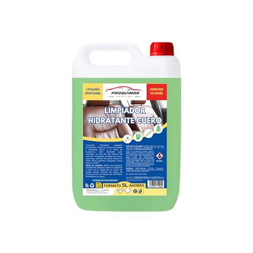 Proquimar Limpiador hidratante de Cuero, Piel y Polipiel. Cuidado y Limpieza de la tapicería del Coche, sillones, sofás y Prendas de Cuero. Categoría Profesional. Garrafa de 5 litros.