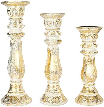 Descent Art Designs Carved Candle Holder Stand Wooden, Candalbras, Rounded Turned Columns Unity Candle Holders, Country Style Idle Gift for Wedding, Party, Home, Spa - 16,14,12 Inch - Gold Foil White
